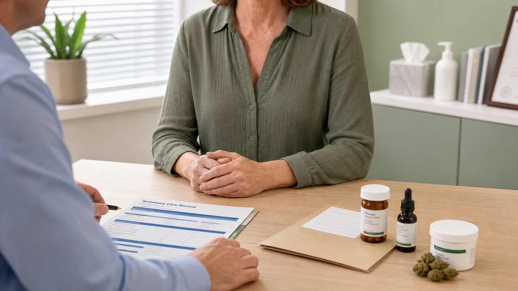Medical cannabis eligibility paperwork, prescription items and Summary Care Record on a clinical desk.