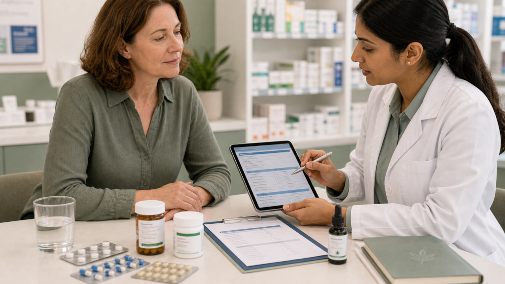 patient and pharmacist reviewing prescribed medicines and medical cannabis in a clinic pharmacy setting