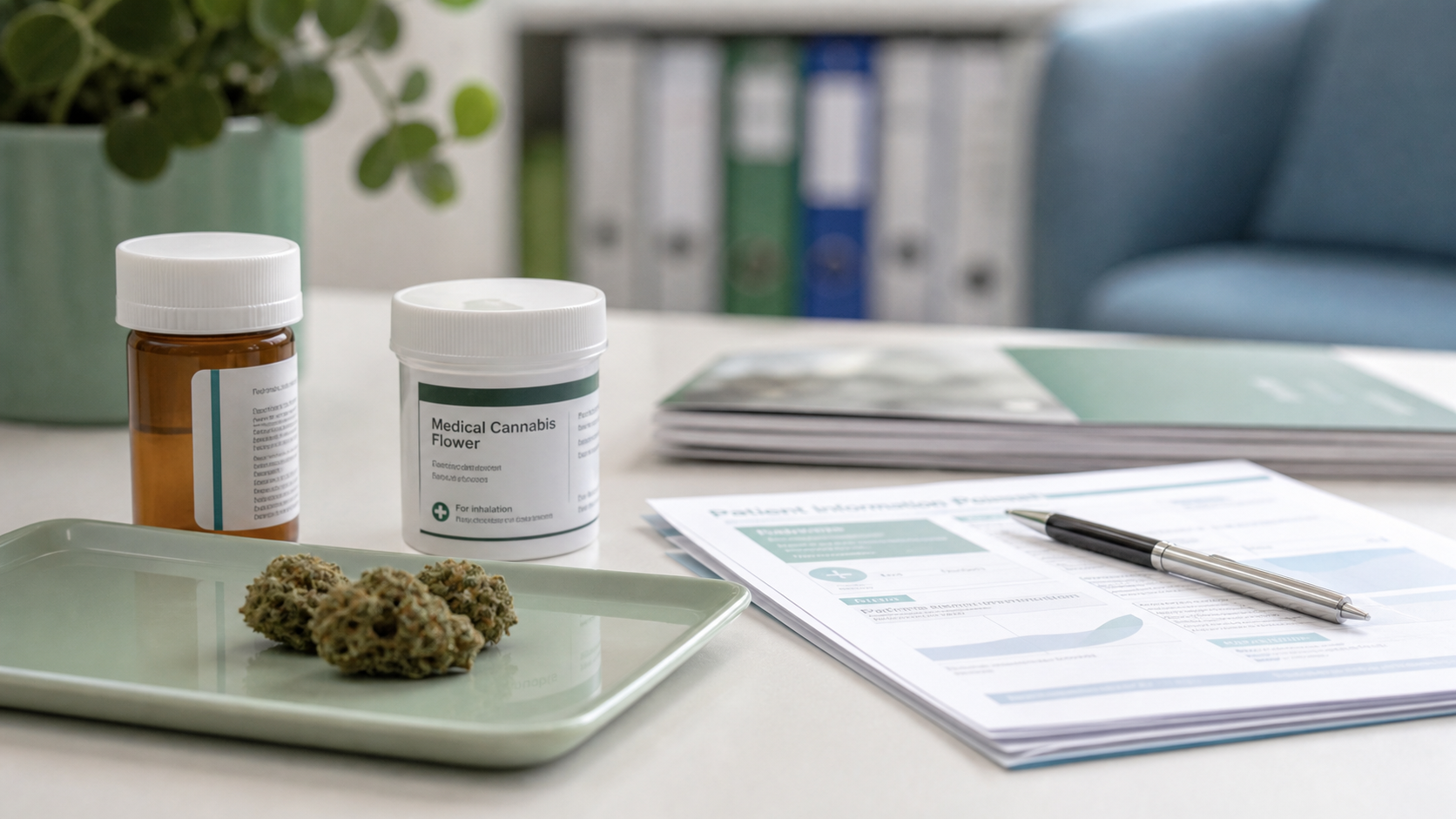 Medical cannabis flower, prescription bottle and patient information on a clinical desk.