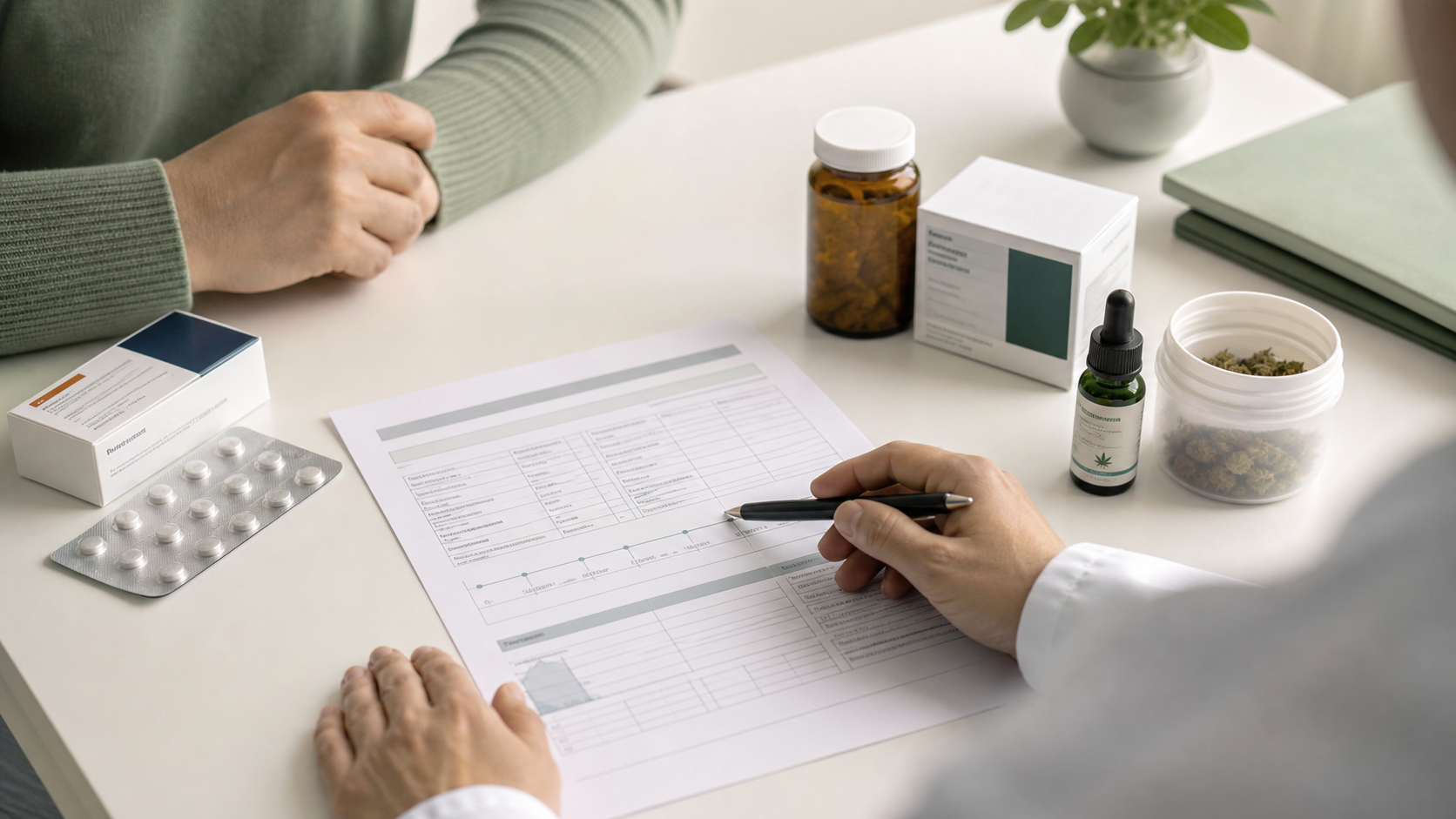 Treatment history paperwork, medicines and prescribed medical cannabis items on a clinical desk.