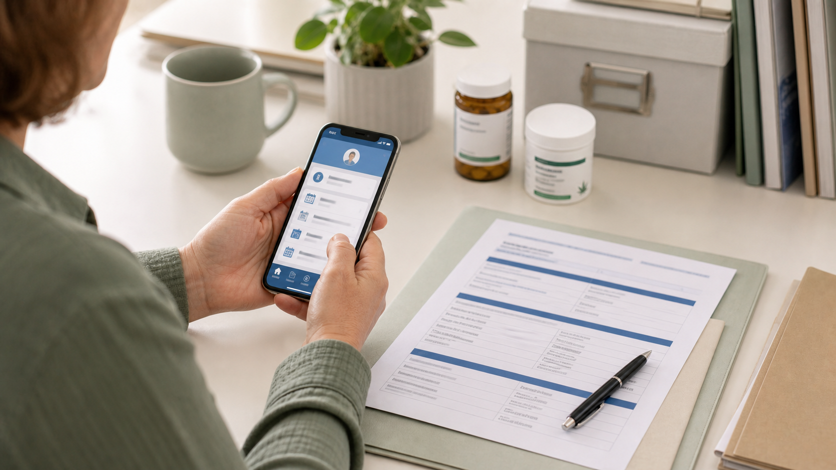 Patient records, NHS App style screen and prescription items on a clean desk for a Summary Care Record guide.