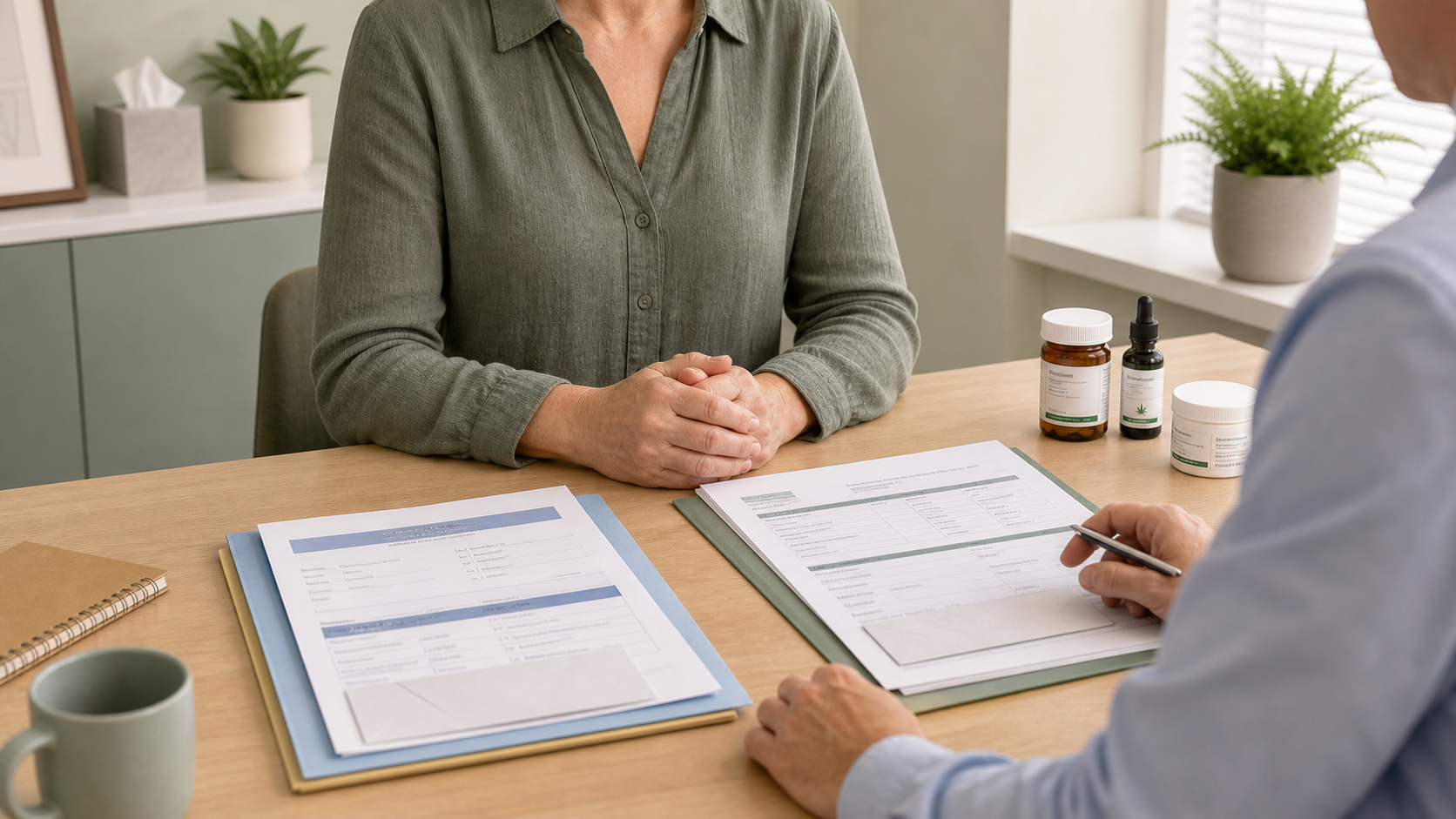 Patient paperwork comparing NHS and private medical cannabis prescription routes in the UK.
