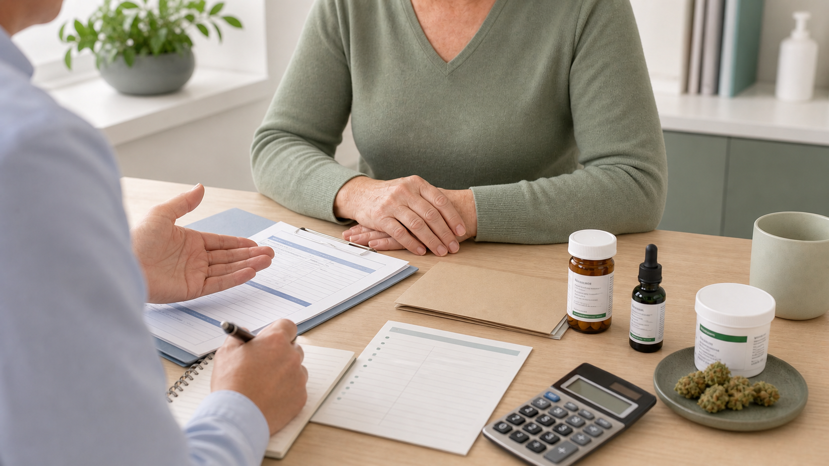 UK medical cannabis prescription paperwork and cost notes on a consultation desk.