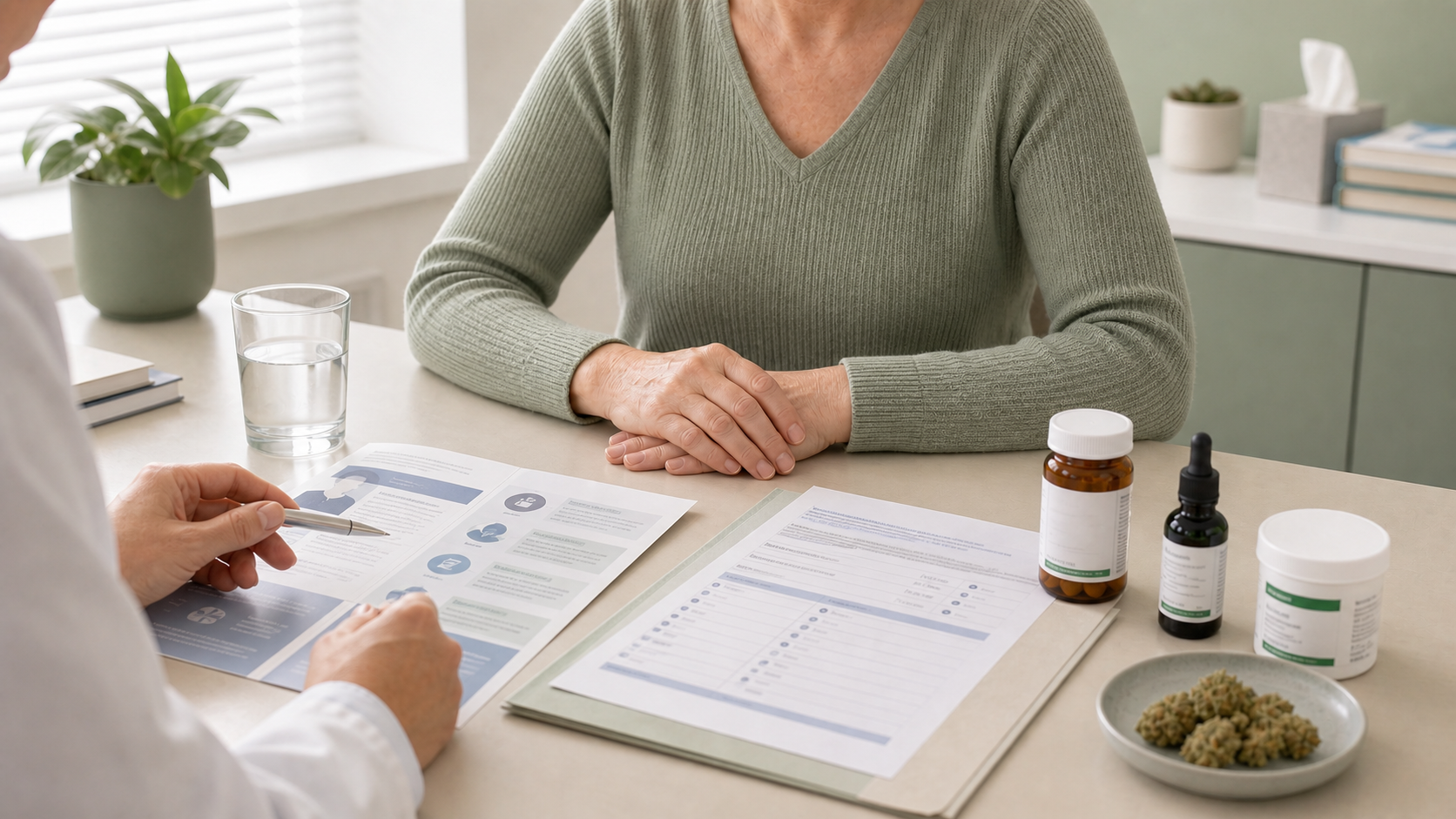 Patient discussing medical cannabis side effects with prescription items in a bright clinic consultation room.