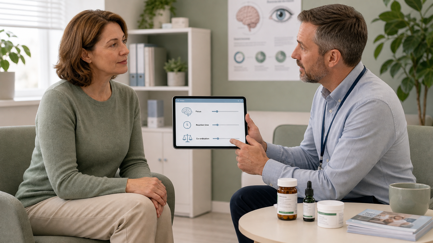 Clinician and patient reviewing THC impairment information in a calm clinic education setting.