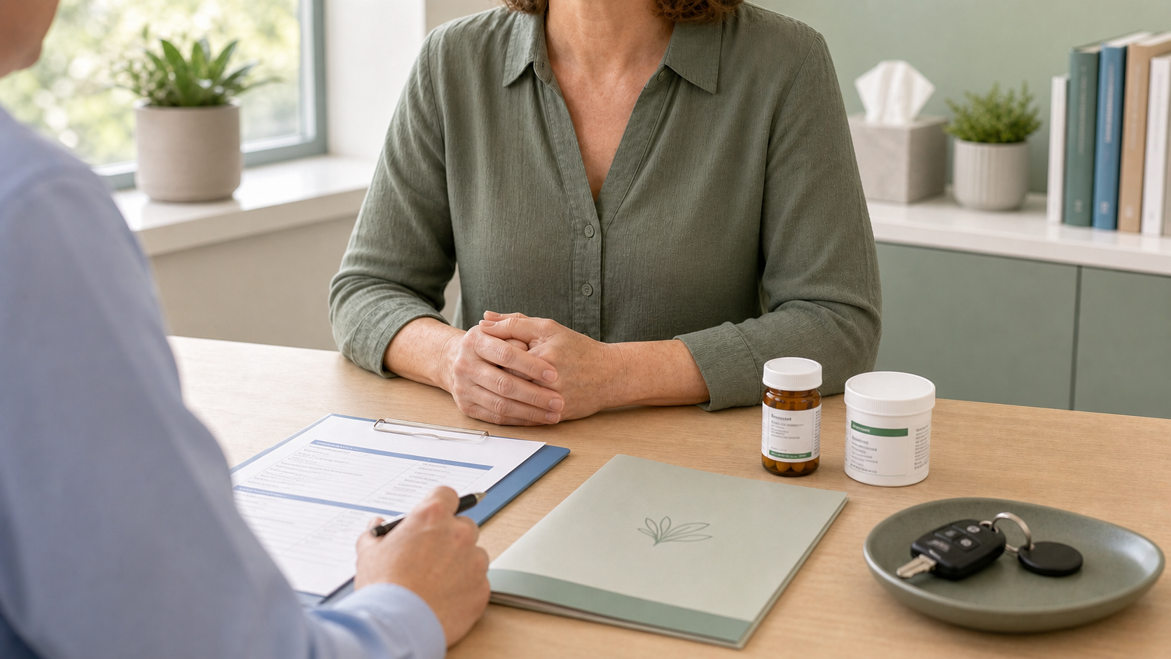 Prescription paperwork, medical cannabis containers and car keys set aside for a UK driving safety guide.